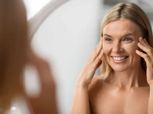 Donna sorride applicando crema contorno occhi. La sua pelle sottile del viso mostra segni del tempo, ma è luminosa.