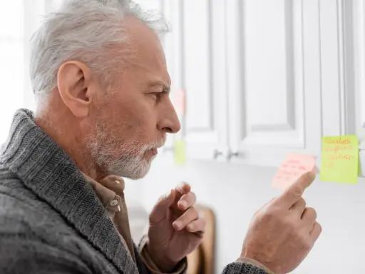 Uomo anziano con Alzheimer, confuso, cerca di ricordare con post-it. Peggioramento improvviso.
