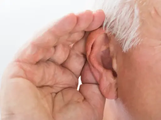 Mano di anziano che copre l'orecchio, forse per sentire meglio o per proteggersi da allucinazioni uditive.