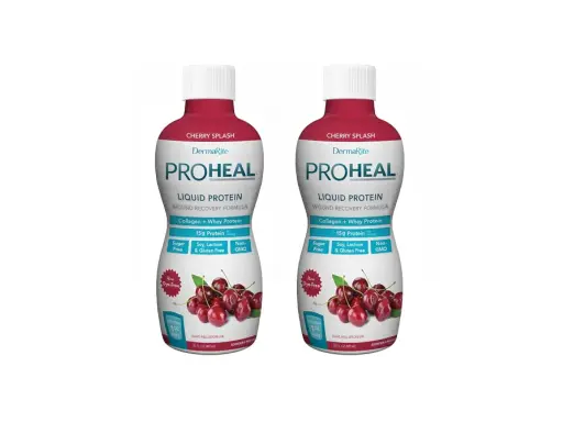 Due bottiglie di integratori proteici ProHeal al gusto di ciliegia, ideali per il recupero delle ferite e piaghe da decubito.