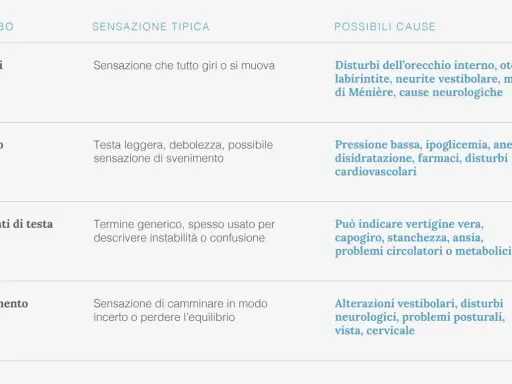 Tabella che descrive disturbi come vertigini, capogiro, giramenti di testa e sbandamento, con possibili cause. La vertigine posizionale parossistica benigna è una delle cause di vertigini.