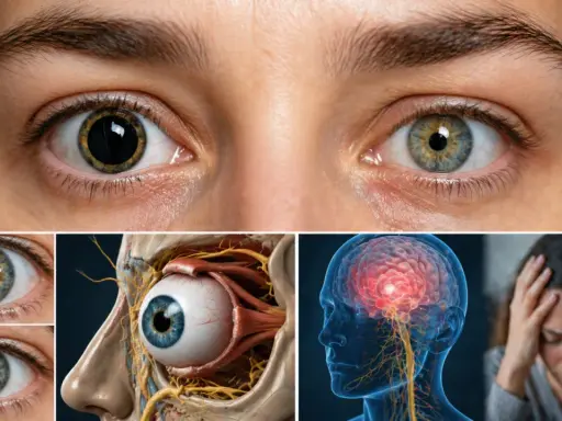 Occhi con pupille isocoriche, anatomia oculare, cervello e persona con mal di testa.