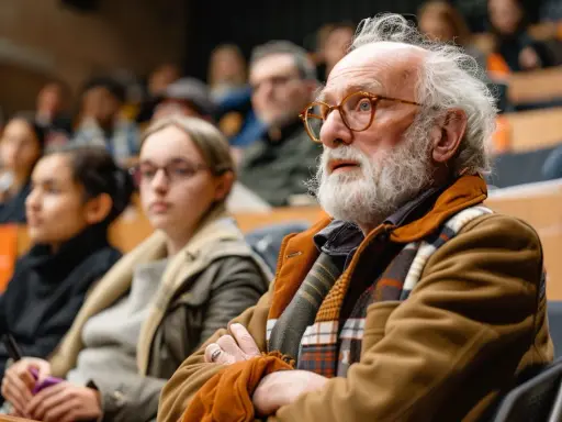 Un anziano con barba bianca e occhiali partecipa a un evento, forse per scoprire le agevolazioni over 65.