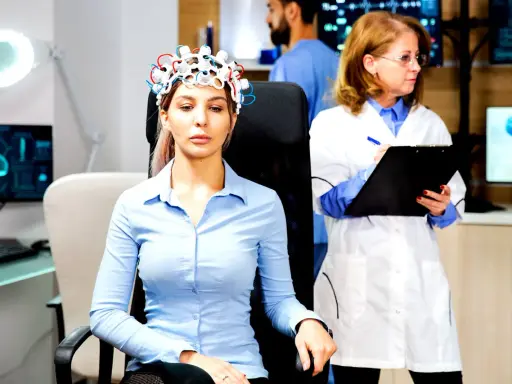 Donna con casco per esame neurologico, mentre un medico prende appunti.