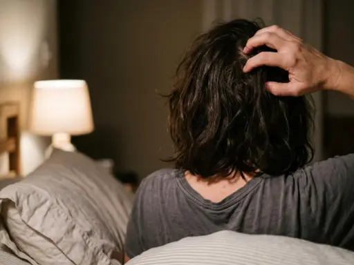 Persona a letto che si gratta la testa, forse perché il prurito aumenta di sera. Luce soffusa da una lampada.