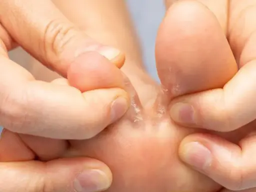 Dita dei piedi con pelle secca e screpolata tra le dita. Un podologo cosa fa? Aiuta a trattare queste condizioni.