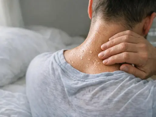 Uomo con sudorazione notturna visibile sul collo, mentre si tocca la nuca.