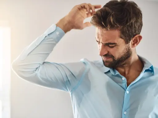 Uomo con camicia azzurra macchiata di sudore sotto le ascelle, che si gratta la testa. Sudare tanto è sintomo di stress o caldo.