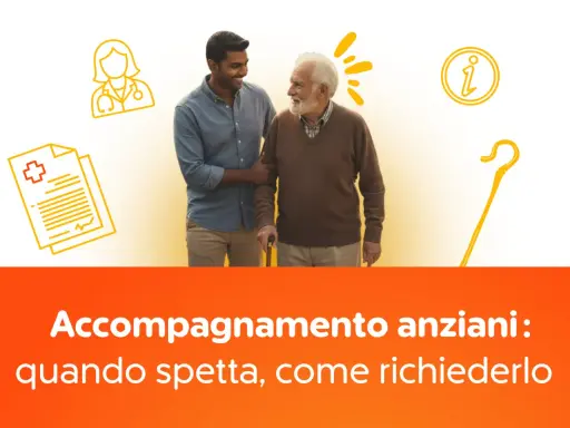 Giovane assiste anziano con bastone. Icone mediche e informative suggeriscono la **domanda invalidità anziani**.