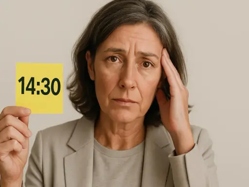 Donna con espressione preoccupata tiene un foglietto con scritto "14:30", forse un promemoria per la perdita di memoria a 50 anni.