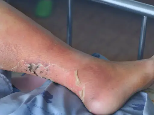 Gamba con edema e ulcere alle caviglie, la pelle è arrossata e screpolata, con aree di necrosi.
