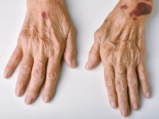 Mani anziane con macchie di sangue sulla pelle, segni di fragilità e fragilità cutanea.