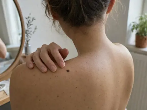 Spalla di donna con nei, uno più scuro attira l'attenzione, suggerendo un possibile dolore alla pelle.