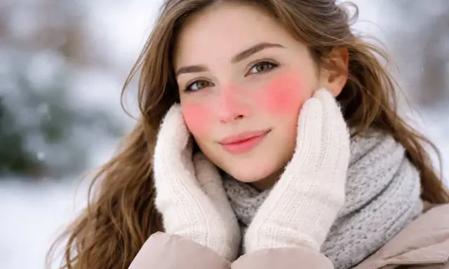 Ragazza con guance rosse per il freddo, mani coperte da guanti bianchi, sciarpa grigia e giacca beige. L'arrossamento della pelle è evidente.