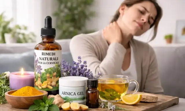 Donna con dolore al collo, circondata da rimedi naturali per il prurito al collo e rossore, tra cui arnica, zenzero e tisana.