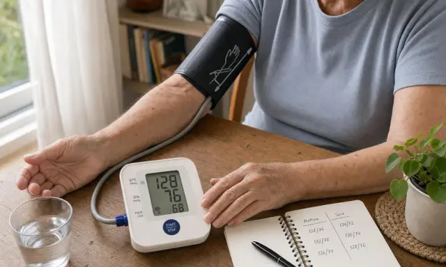Misurazione della pressione: 128/76. A 65 anni, monitorare la pressione è fondamentale per la salute.