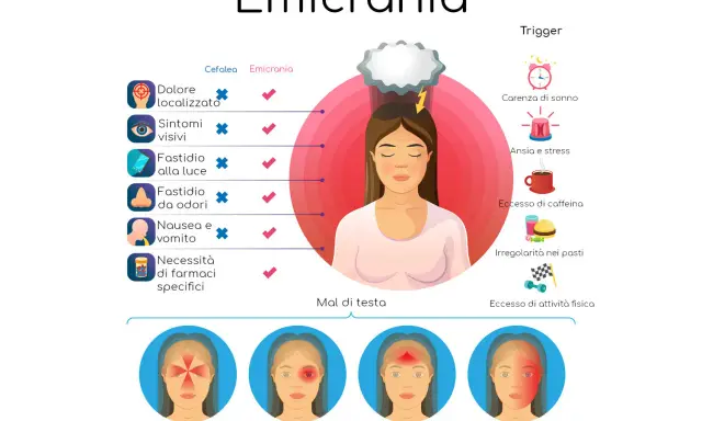 Le **emicrania cause** includono dolore localizzato, sintomi visivi, fastidio a luce/odori, nausea, vomito e necessità di farmaci specifici.