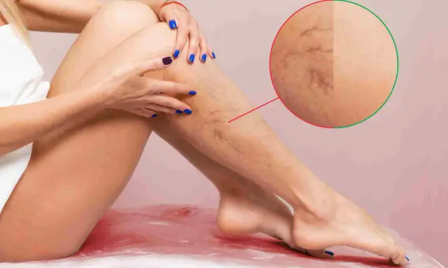 Gambe con vene varicose visibili, un sintomo comune di trombofilia. Un ingrandimento mostra la rete vascolare.
