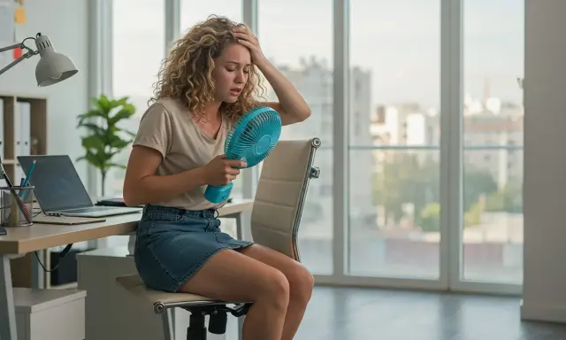 Donna con capelli ricci, in ufficio, soffre il caldo con un ventilatore portatile. La sua fronte è imperlata di sudorazione improvvisa.