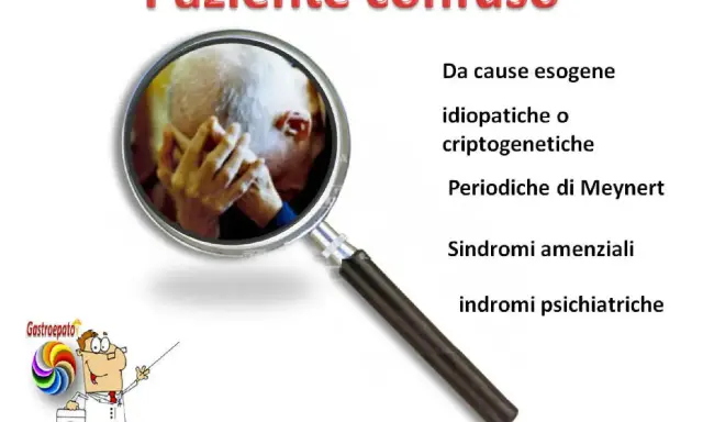 Ingrandimento su un anziano con mani sul volto, simbolo di confusione mentale. Elenco di cause: esogene, idiopatiche, criptogenetiche, Meynert, amenziali, psichiatriche.