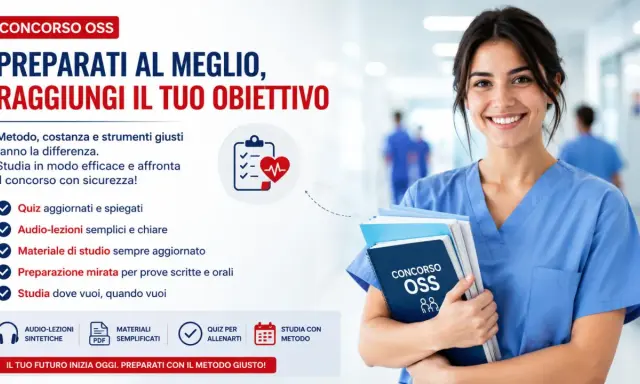 Donna sorridente in camice blu, futura assistente socio sanitario, con libri per il concorso OSS.