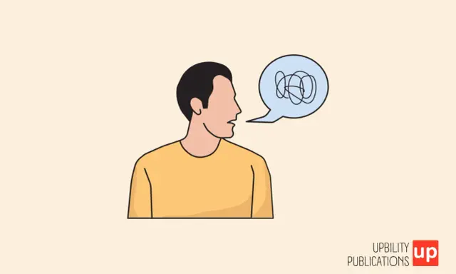 Uomo con fumetto pieno di grovigli, simbolo di chi non riesce a parlare bene all'improvviso.