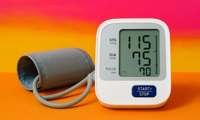 Sfigmomanometro digitale mostra 115/75 mmHg e 70 bpm, valori ideali per la pressione ottimale donna.