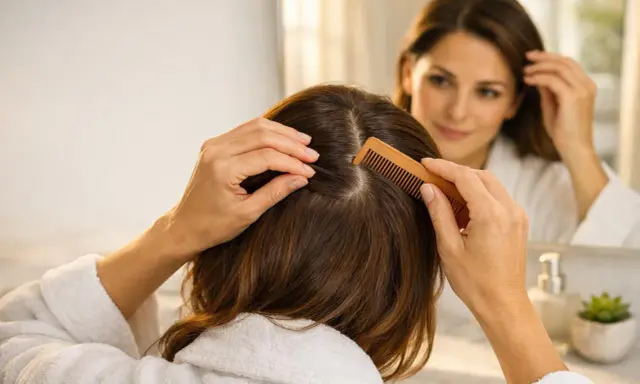 Donna si pettina i capelli, cercando sollievo dal prurito al collo. Riflessa nello specchio, si tocca la testa con preoccupazione.