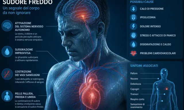 Uomo con sudore freddo, sintomo di stress o problemi cardiovascolari, che spiega perché si suda anche se non fa caldo.