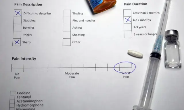 Questionario McGill Pain Questionnaire: dolore acuto, da 6-12 mesi, intensità peggiore. Siringa e pillola vicine.