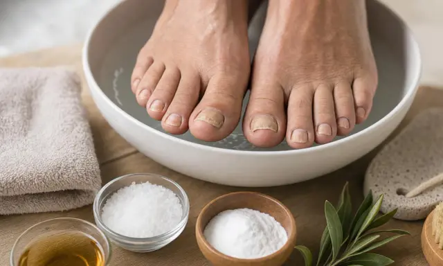 Piedi in ammollo per ammorbidire le unghie dei piedi senza acqua. Ingredienti naturali per un trattamento casalingo.