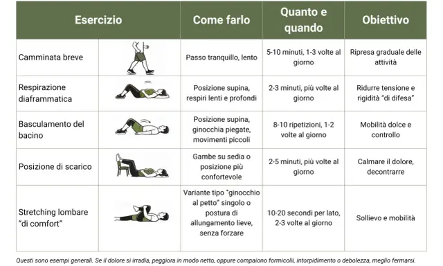 Tabella con esercizi schiena: camminata, respirazione diaframmatica, basculamento bacino, posizione scarico, stretching lombare.