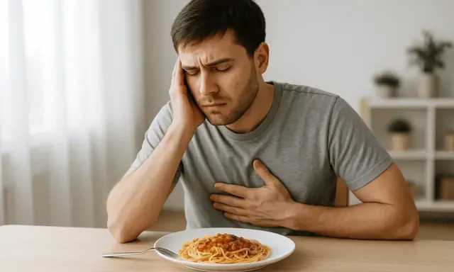 Uomo con mal di testa e dolore al petto, forse per sudare dopo mangiato. Piatto di spaghetti sul tavolo.