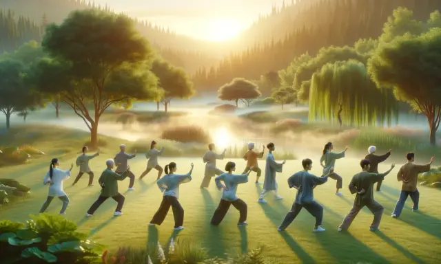 Gruppo di persone pratica Tai Chi in un paesaggio sereno. Sebbene il Tai Chi abbia pochi tai chi controindicazioni, è sempre bene consultare un medico.