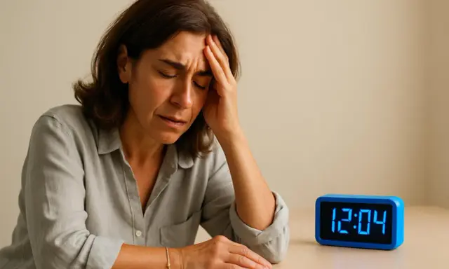 Donna con mano sulla fronte, espressione di sofferenza e senso di instabilità e sbandamento. Orologio digitale segna 12:04.