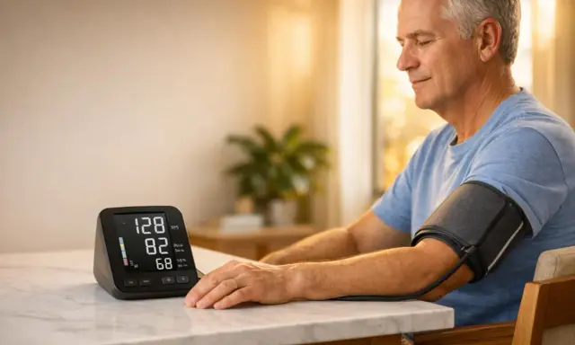 Uomo anziano misura la pressione, monitor mostra valori. Gestire l'ipertensione emotiva è importante per il benessere.