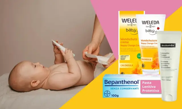 Bambino con pannolino e creme per la dermatite da pannolino quale crema usare: Weleda, Suavinex e Bepanthenol.