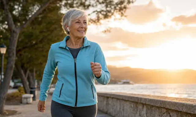 Donna sorridente corre al tramonto sul lungomare. A 70 anni meglio correre o camminare? Lei sceglie la corsa, godendosi la brezza marina.