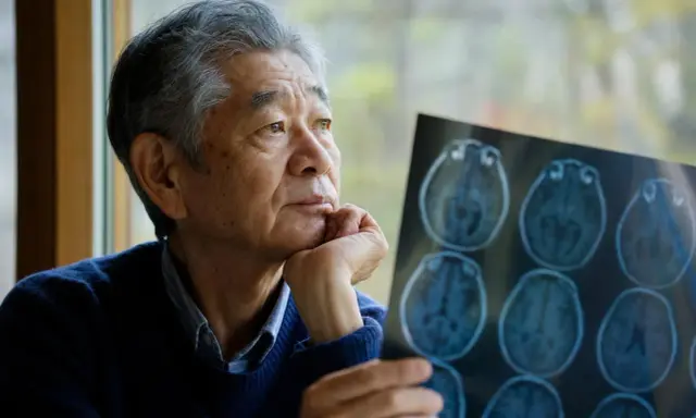 Uomo anziano con scansione cerebrale, riflette sulla possibilità che l'alzheimer sia ereditario.