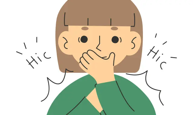 Persona con la mano sulla bocca, circondata da "Hic" che suggeriscono un singhiozzo persistente, quasi come un infarto.