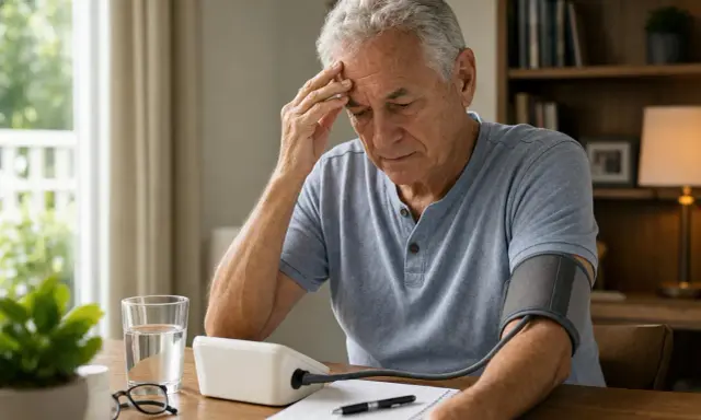 Uomo anziano preoccupato controlla la pressione a 60 anni, con misuratore, bicchiere d'acqua e appunti sul tavolo.