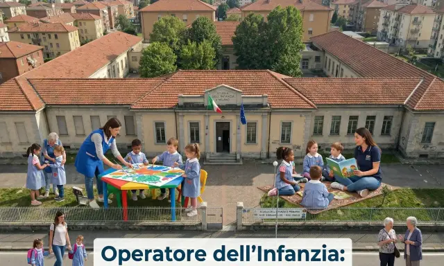 Un operatore generico di assistenza guida i bambini in attività creative e di lettura all'esterno di una scuola dell'infanzia a Milano.