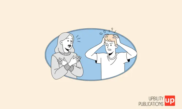 Donna parla con un uomo che si tiene la testa, visibilmente stressato, forse soffre di disartria da stress.