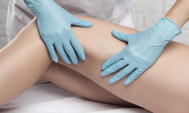 Mani guantate esaminano una gamba con vene visibili, un approccio delicato per uno strano trucco contro le vene varicose.