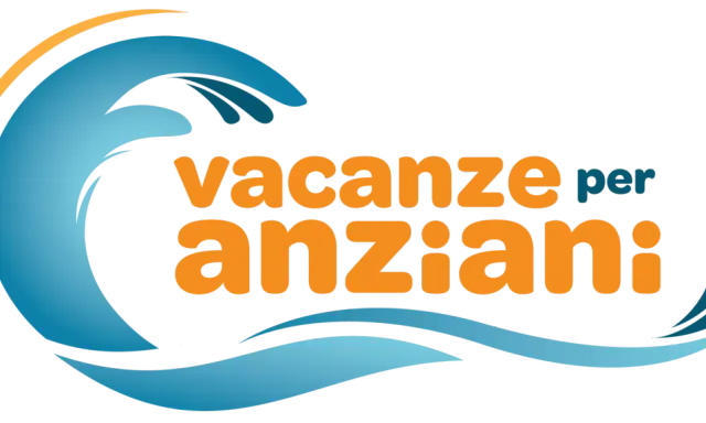 Onda blu e arancione con testo "vacanze per anziani". Ideale per chi cerca benessere e relax.