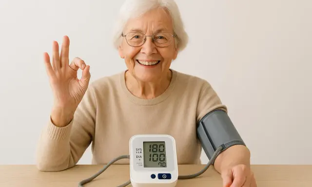 Donna anziana sorride, facendo OK con la mano, mentre controlla la pressione. Il misuratore indica 180/100.