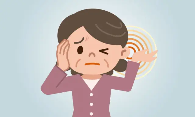 Donna con espressione sofferente, si tocca l'orecchio sinistro, dove si notano onde concentriche che indicano un fischio orecchio.