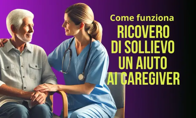 Un'infermiera sorride a un anziano, offrendo supporto. Il testo parla di ricovero di sollievo, un aiuto per chi assiste persone con demenza senile.