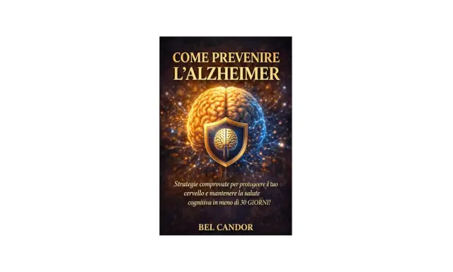 Copertina libro: "Come prevenire l'Alzheimer". Cervello protetto da uno scudo, con strategie per la salute cognitiva.