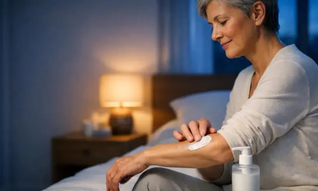 Donna anziana applica crema sul braccio per alleviare insonnia e prurito notturno.